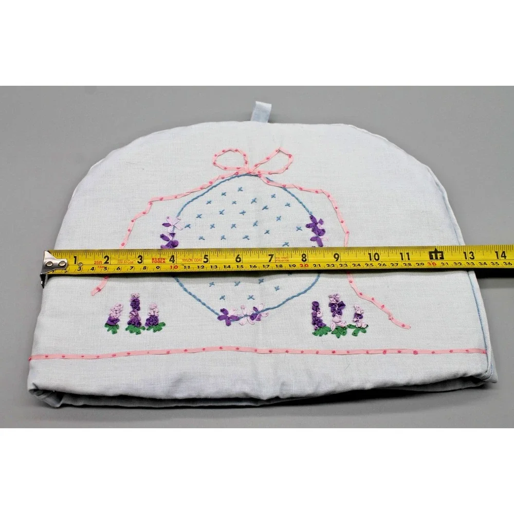 Vintage Hand Embroidered Toaster Cover Ribbon Floral Cottage Kitchen Blue